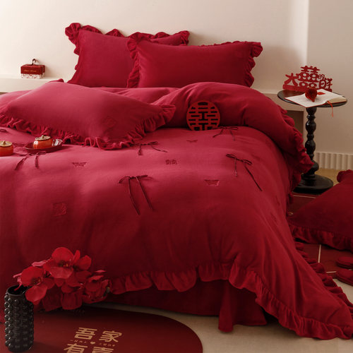 冬天加厚牛奶绒婚庆四件套喜字刺绣蝴蝶结保暖红色结婚被套床单