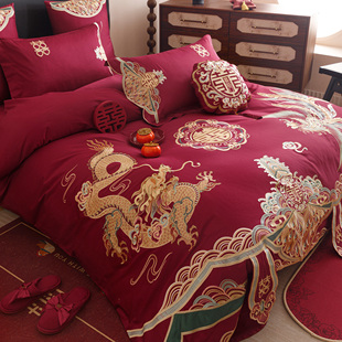 传统中式 婚庆龙凤重工刺绣四件套全棉红色结婚房被套纯棉床单床品