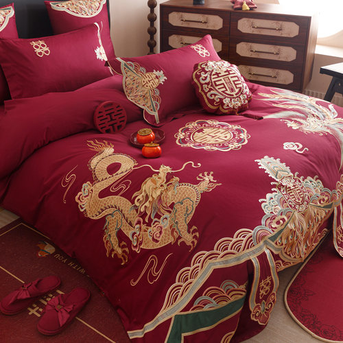 传统中式婚庆龙凤重工刺绣四件套全棉红色结婚房被套纯棉床单床品