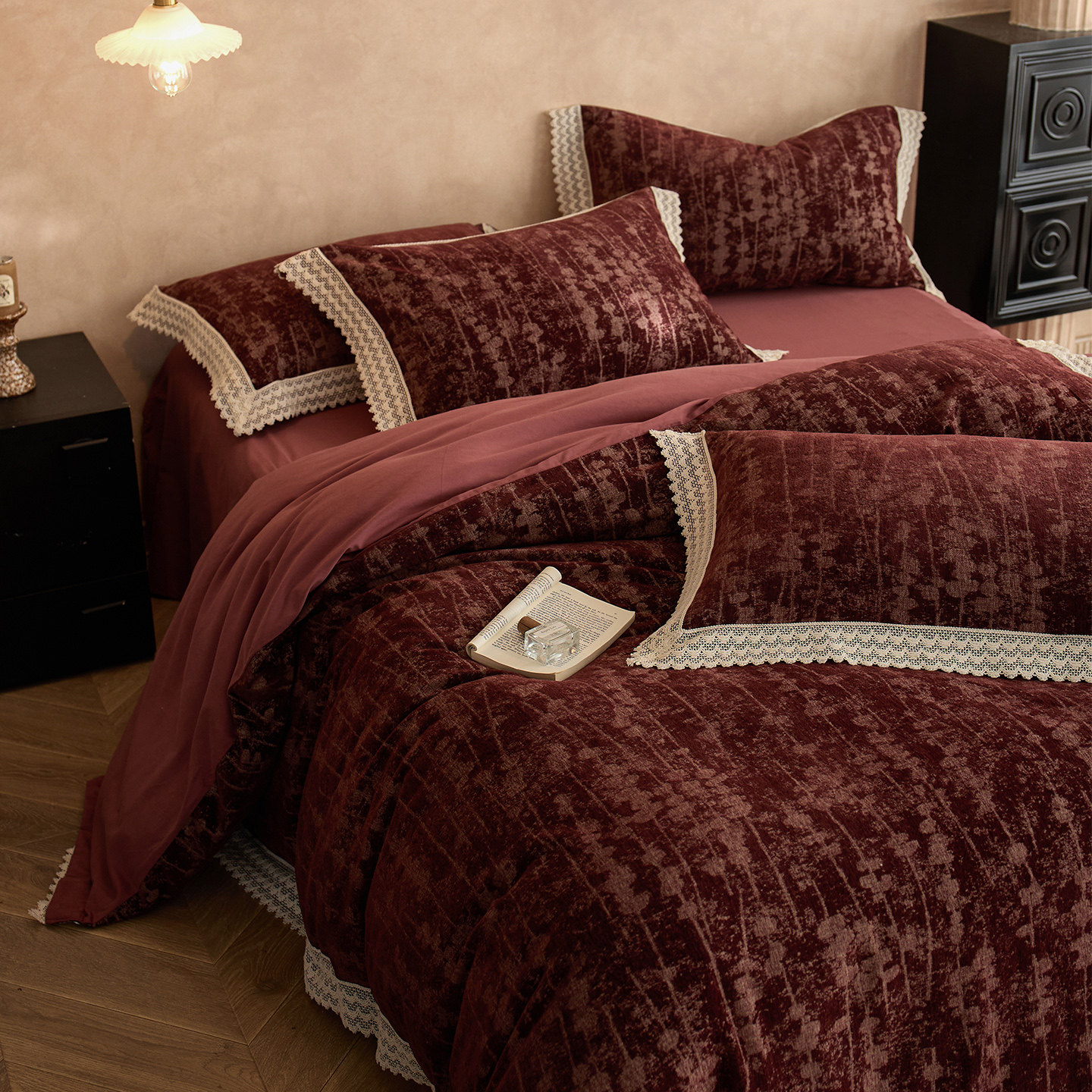 LANSWAY法式轻奢雪尼尔提花磨毛四件套朗姆酒红花边被套床单床品