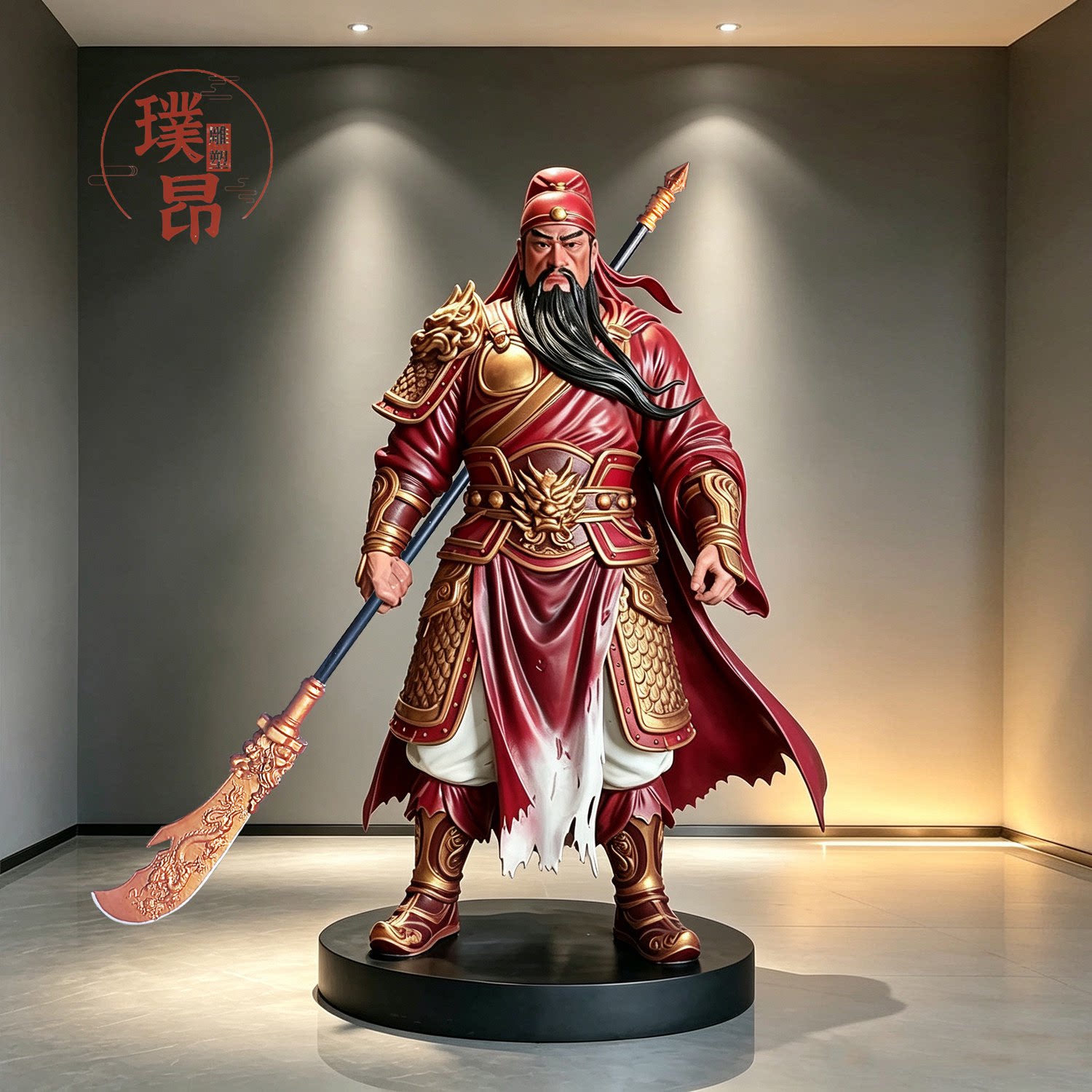彩色关公玻璃钢雕塑定制大型关羽彩绘雕像出口跨境酒店大厅摆件