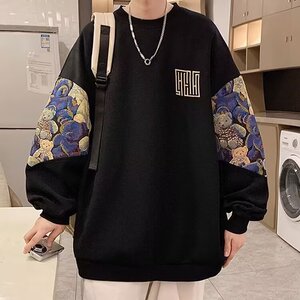 小熊拼接宽松大码圆领卫衣男款秋冬季加绒潮流复古刺绣内搭WY108图片
