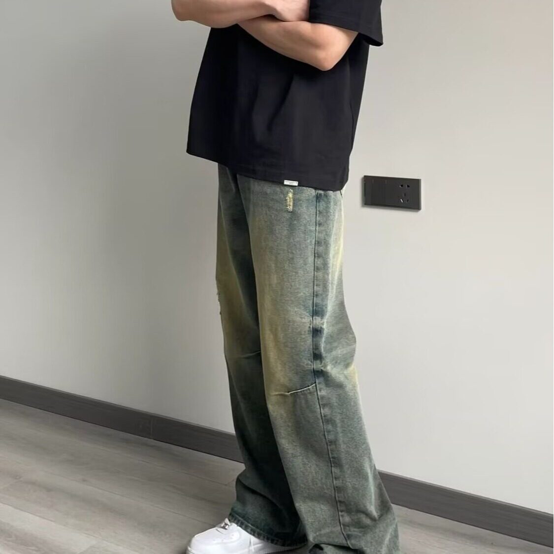 美式复古水洗黄泥牛仔裤男高街做旧宽松百搭直筒阔腿裤D806P58,男装牛仔裤,星座208-1