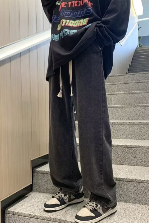阔腿牛仔裤男款宽松秋季潮牌直筒美式高街松紧腰复古长裤子278P40,男装牛仔裤,星座208-1