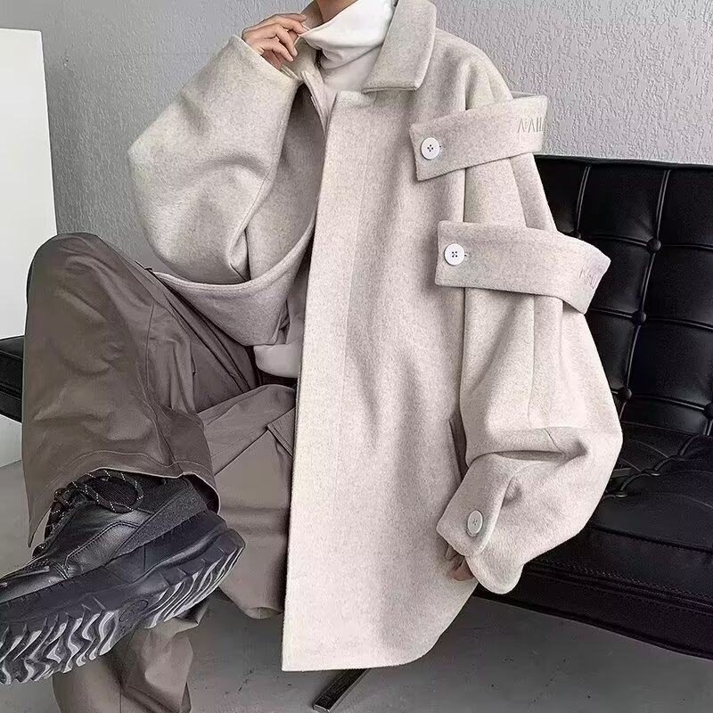 毛呢外套男秋冬小众设计感美式复古宽松休闲加厚夹克潮牌大衣P75，男装夹克，星座208-1