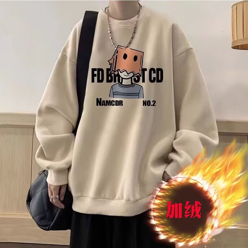 慵懒加绒长袖圆领卫衣男士春秋季潮宽松休闲卡通印花上衣YR143P40图片