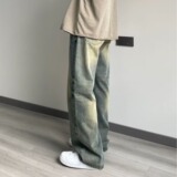 美式复古水洗黄泥牛仔裤男高街做旧宽松百搭直筒阔腿裤D806P58，男装牛仔裤，星座208-1