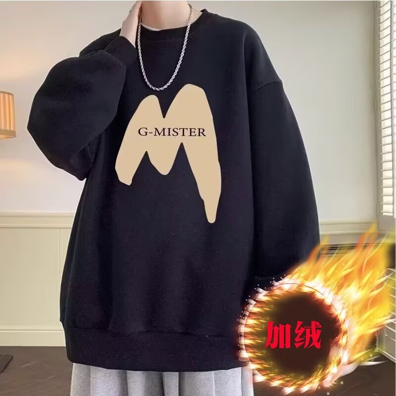 字母印花潮流卫衣男秋冬季宽松加绒圆领上衣加厚潮牌外套YR142P40图片