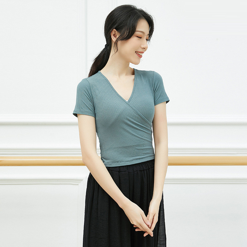 现代舞练功服女V领系带T恤教师舞蹈服艺考形体服修身瑜伽服肚皮舞