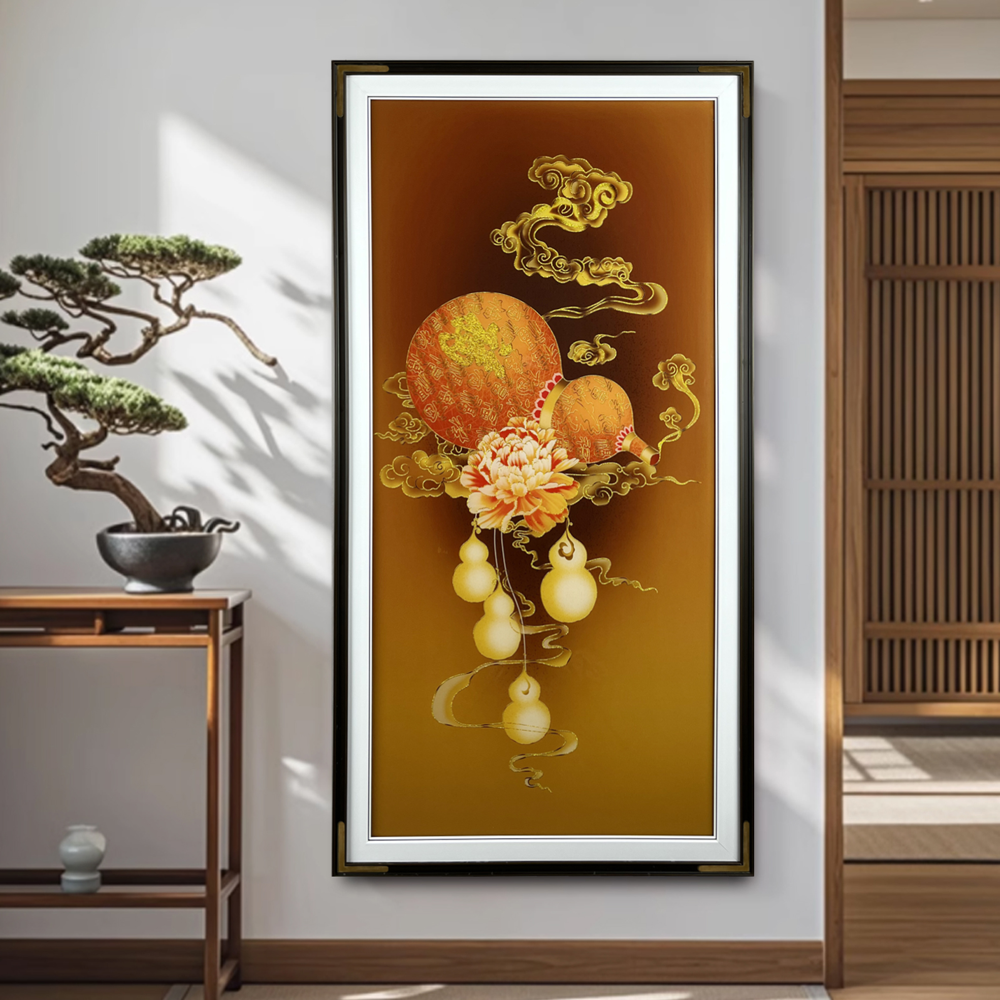 一尺缘[五福临门]现代轻奢烫金高档钢化玻璃玄关画装饰画葫芦画图片