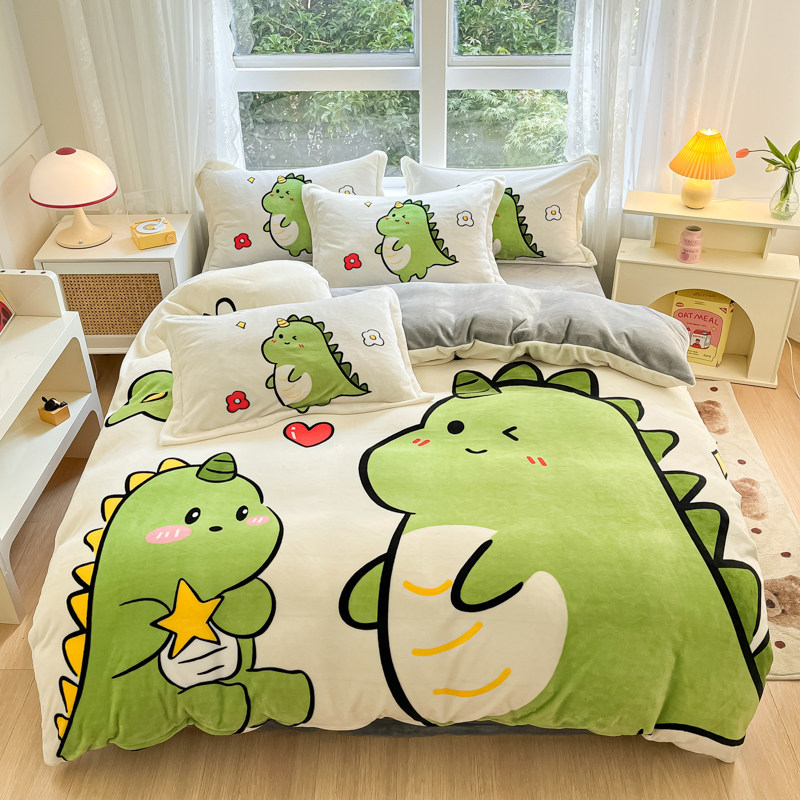 加厚牛奶绒四件套卡通儿童动漫被套床单床笠珊瑚绒小女孩恐龙大阪