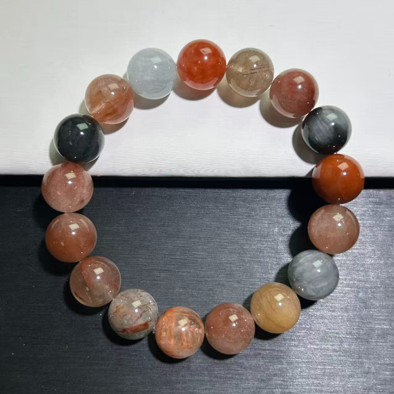 天然彩兔毛水晶手串红兔毛幽灵水晶手链百搭彩幽灵粉手链水晶直播