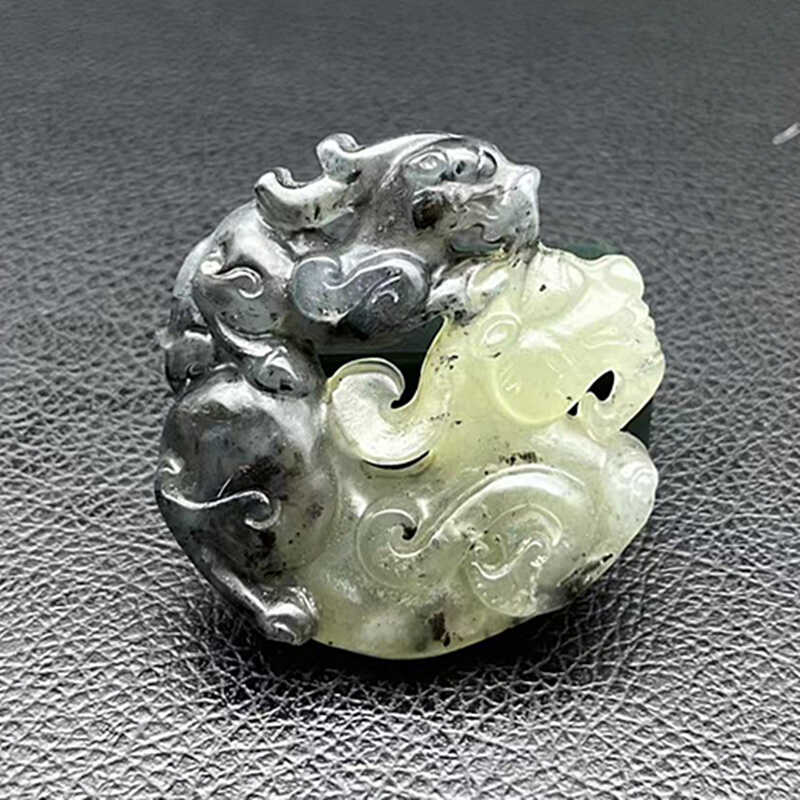 岫玉双貔貅吊坠挂件水墨飘花母子情玉佩玉坠古风汉服腰佩把件颈饰