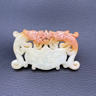 岫玉双龙吊坠挂件仿古做旧烤色双面雕刻兽面玉璜玉佩玉坠汉服腰佩