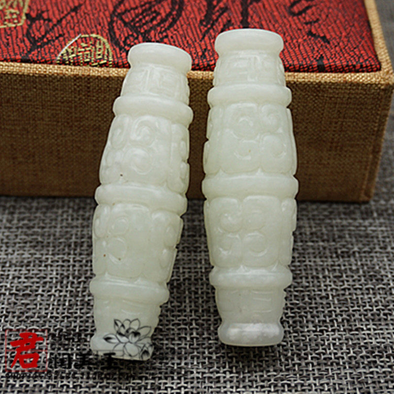 岫玉仿古雕刻玉勒子吊坠挂件雕纹通孔玉佩玉坠古风腰佩  手工配饰