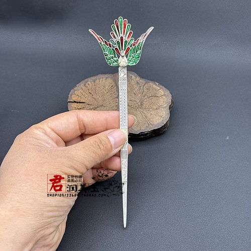 苗银烧蓝孔雀花发簪古风簪子民族风复古发饰汉服配饰仿古做旧铜镀