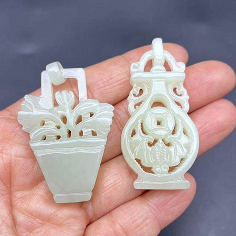 和田玉花瓶吊坠挂件立体花篮花开富贵颈饰项链玉坠玉佩仿古玉饰品