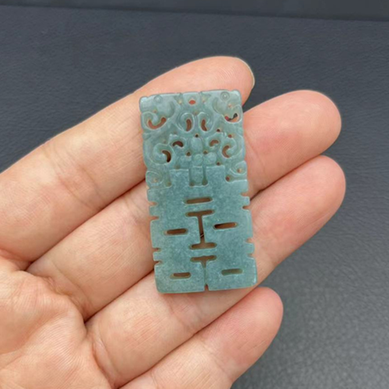 翡翠蓝水双凤喜吊坠挂件单面镂空雕刻玉佩 玉坠锁骨链颈饰DIY饰品