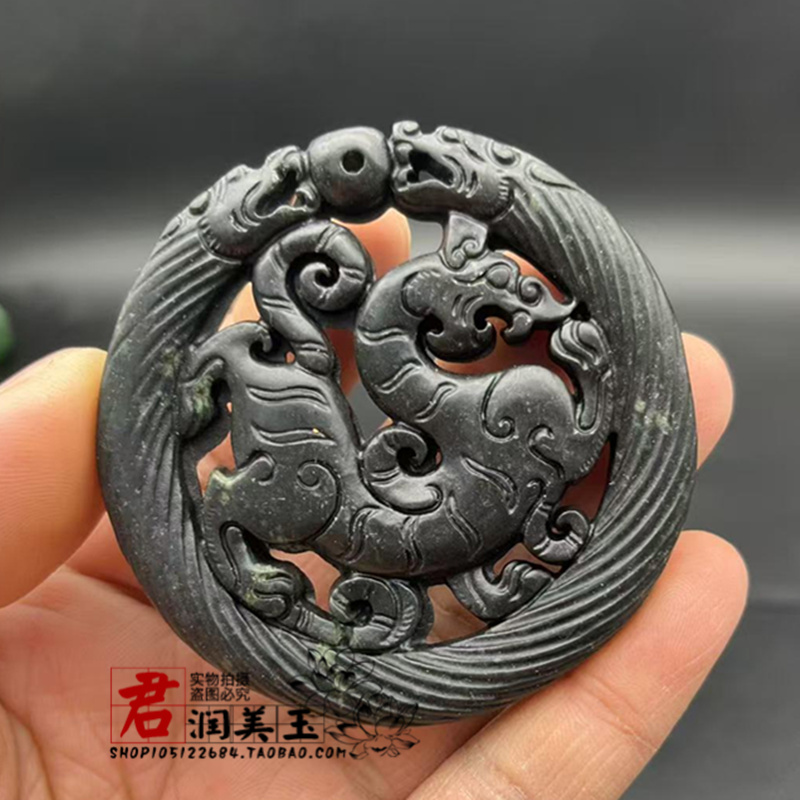 墨绿玉仿古龙吊坠挂件复古双龙玉佩玉坠古风汉服腰佩装饰画玉饰品