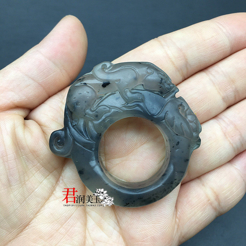 岫玉水墨风貔貅扳指戒指仿古雕刻玉石指环戒圈螭龙 汉服 古风配饰