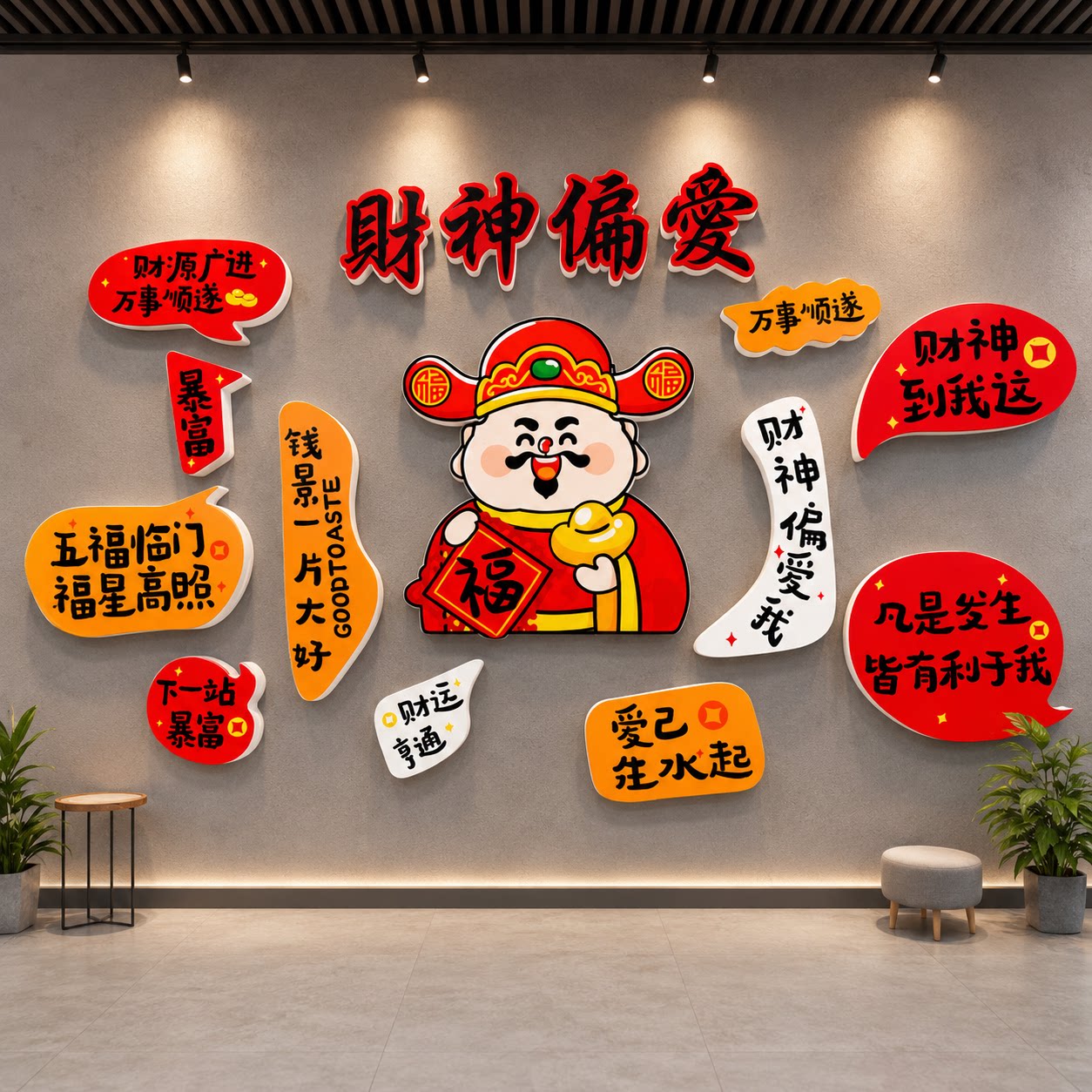 发财神墙贴纸画网红打卡拍照区氛围布置火锅烧烤餐饮文化背景装饰