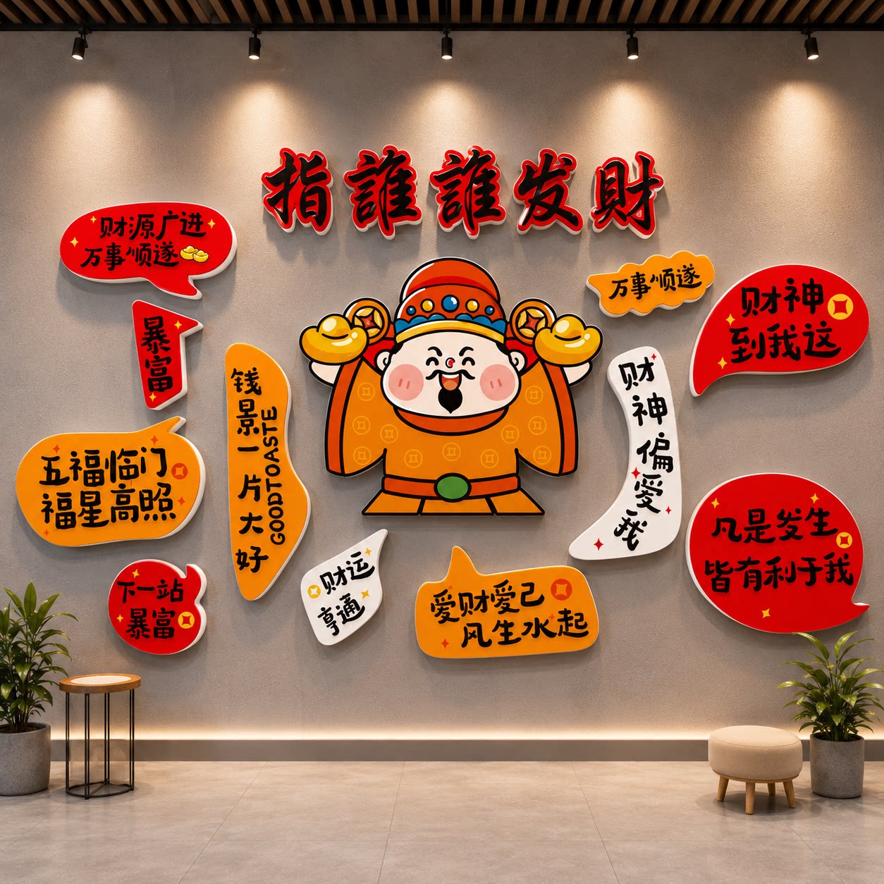 发财神墙贴纸画网红打卡拍照区氛围布置火锅烧烤餐饮文化背景装饰