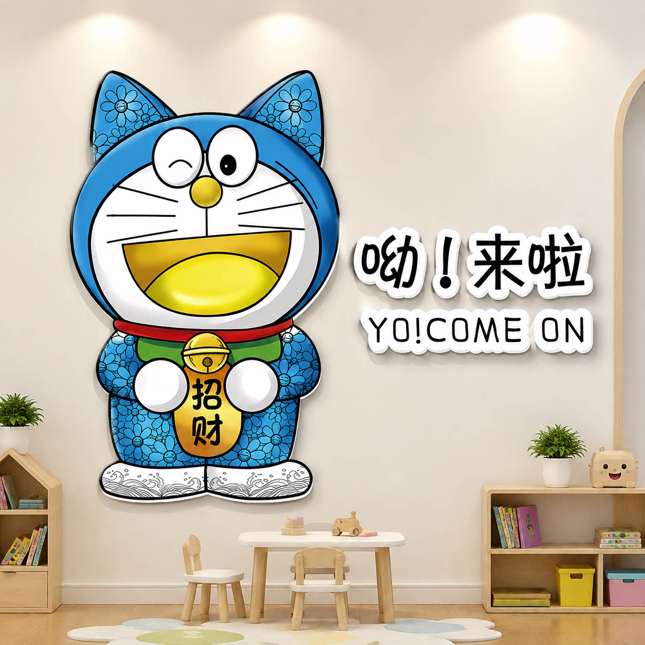 店门口吸引人机器猫摆件卡通装饰画理发店奶茶咖啡馆墙面布置挂画