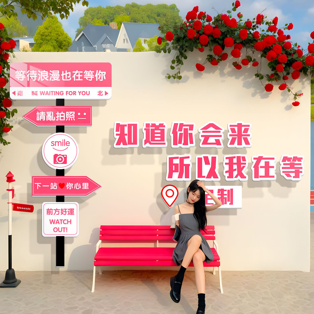 网红打卡墙造景拍照区布置室外背景墙面装饰路牌指示牌形象墙贴纸图片