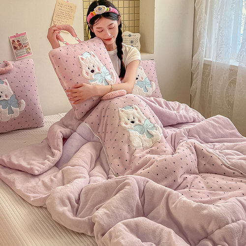 卡通牛奶绒抱枕被子两用加厚