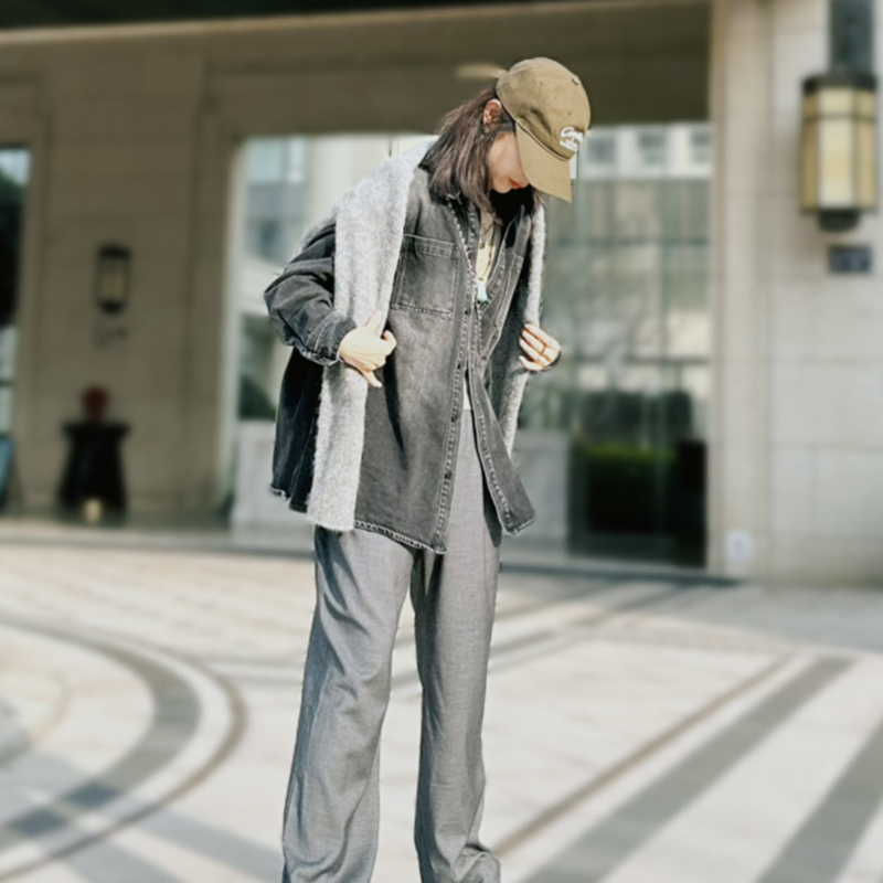 小晖诱货春季新款时尚潮流百搭修身显瘦黑灰色牛仔衬衣