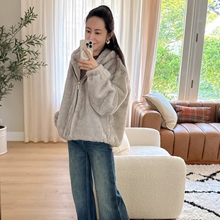 小晖诱货 慵懒风连帽仿皮草时尚气质保暖拉链松弛外套灰色冬女