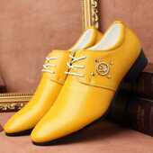 尖头男鞋 百搭青年休闲鞋 英伦韩版 时尚 商务正装 皮鞋 黄蓝色新郎婚鞋
