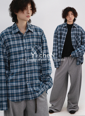一衬YICHEN【设计师款】磨毛蓝格重磅衬衫前短后长设计宽松上衣