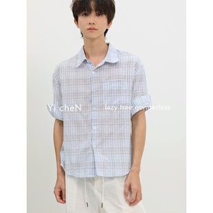 一衬YICHEN 夏季薄款五分袖格子衬衫男休闲舒适百搭短袖通勤上衣