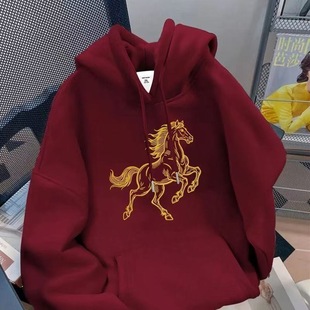 男女童马图案印花连帽酒红色卫衣新年衣服秋冬新款中大童宽松外套