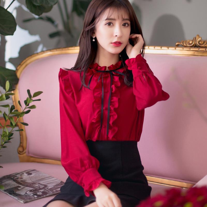 公主风衬衣长袖木耳领少女感雪纺衬衫