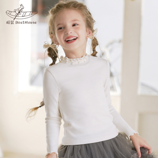 船鼠女童白色打底衫纯棉春秋木耳边宝宝加绒 儿童长袖t恤女孩上衣