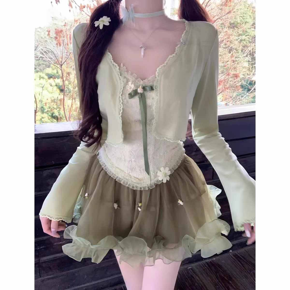 千金纯欲风公主套装女夏季花朵吊带法式开衫上衣半身裙三件套短裙
