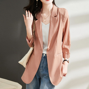 棉麻西装外套女2026春夏新款休闲显瘦七分袖橘色上衣薄收腰一粒扣