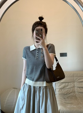 FENG甜甜_本期敲爱条纹polo领针织短袖女夏季新款翻领亚麻T恤上衣