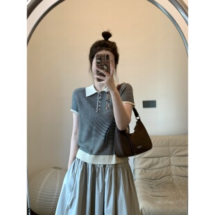 FENG甜甜_本期敲爱条纹polo领针织短袖 翻领亚麻T恤上衣 女夏季 新款
