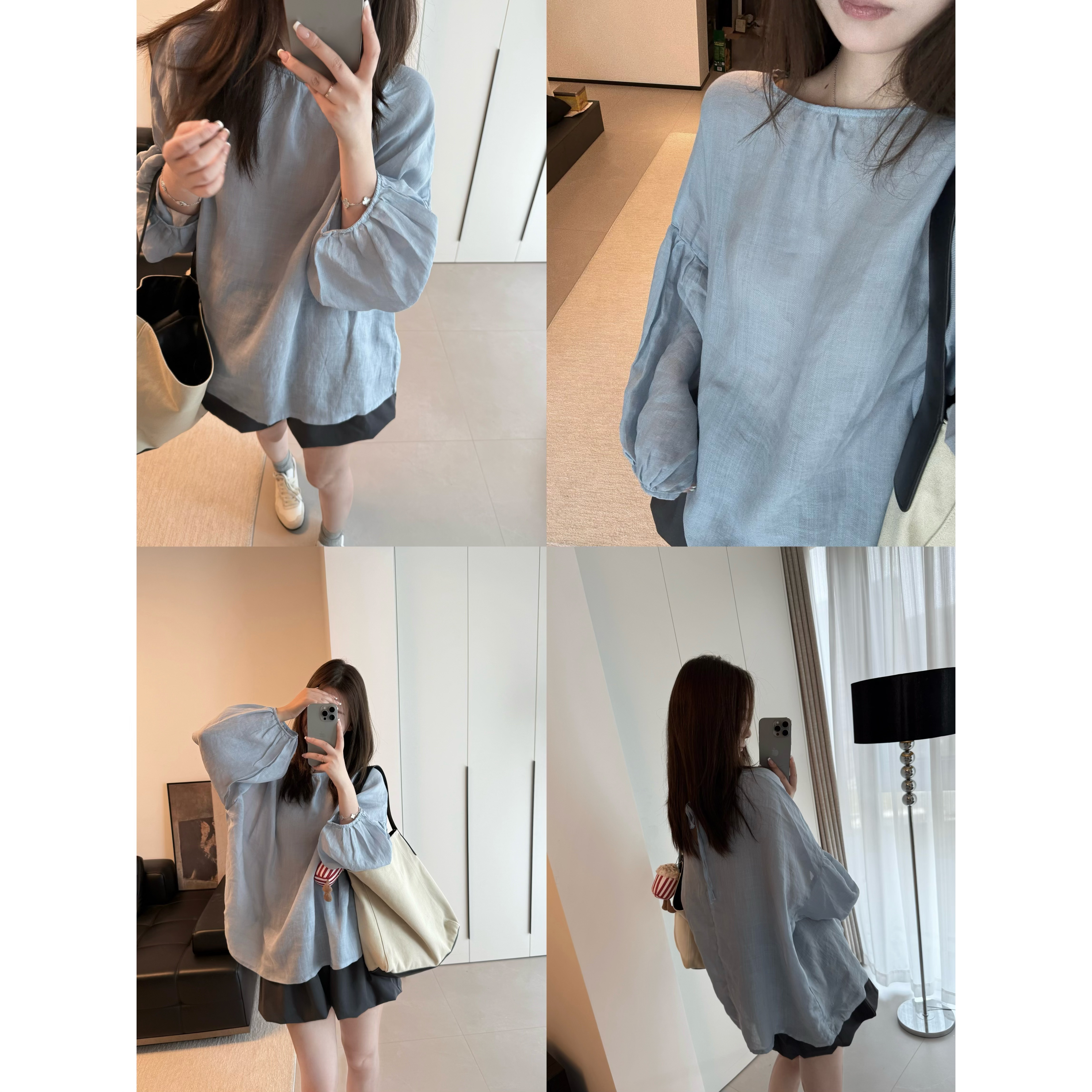 FENG甜甜_慵懒风圆领套头娃娃衫女夏季新款宽松长袖亚麻衬衫上衣