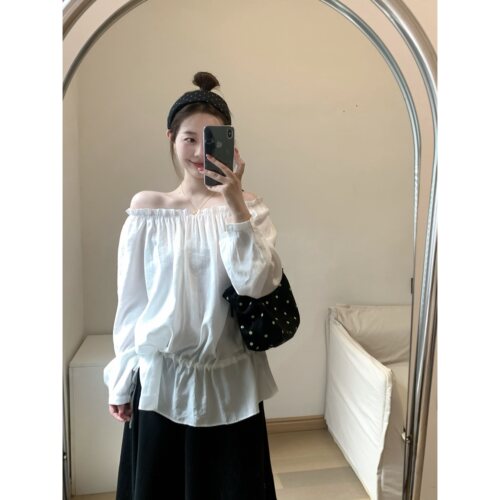 FENG甜甜_时髦一字肩系带宽松长袖衬衫女早秋新款温柔风气质上衣
