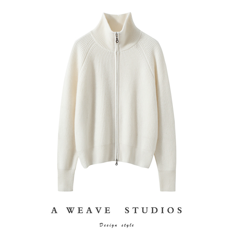 100%纯山羊绒衫翻领加厚针织拉链