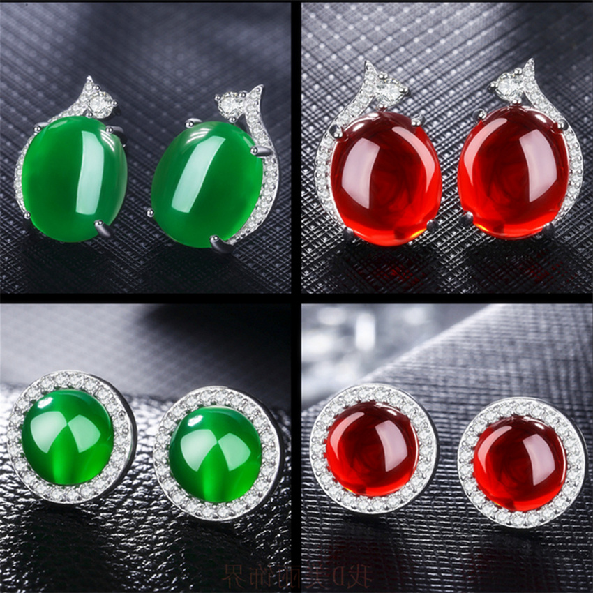 红刚玉首饰s925纯银耳钉 女绿玉髓日韩国简约宝石耳环送妈妈礼物