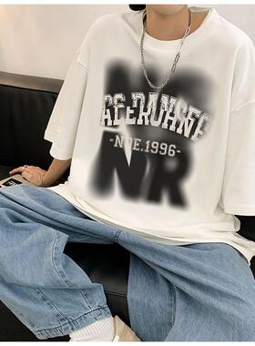 220g紧密赛络五分袖美式休闲涂鸦字母短袖t恤男生宽松半袖t恤