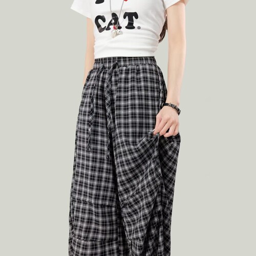 Forever21美式黑色格子裤女夏季新款低腰宽松垂感弯刀休闲阔腿裤