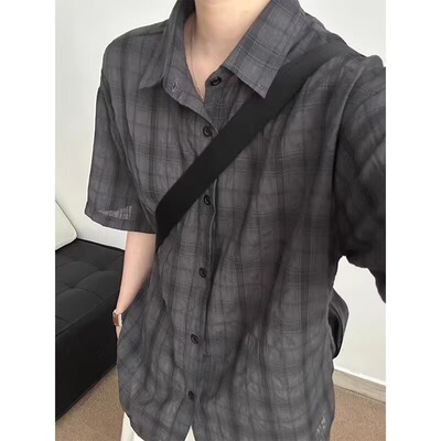 MRCYC慵懒风格子休闲衬衫男士秋季宽松翻领上衣韩系潮流长袖衬衣