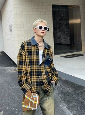 美式高级感黄色格纹格子衬衫女原创复古宽松百搭早秋衬衣潮