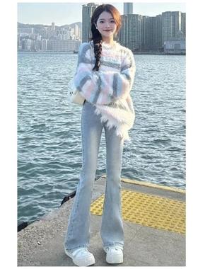 2024年新款浅蓝色微喇牛仔裤女春秋加长版马蹄裤高腰显瘦喇叭裤子
